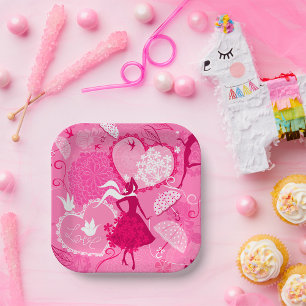 Romantic Love Silhouette Pattern Pink Hearts Paper Plates