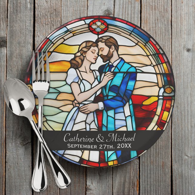 Romantic Love Stained Glass Style European Wedding Paper Plates (Creator Uploaded)