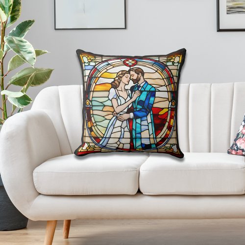 Romantic Love Stained Glass Style European Wedding Throw Pillow