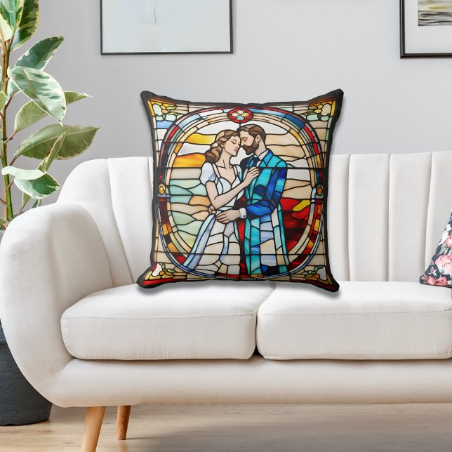 Romantic Love Stained Glass Style European Wedding Throw Pillow (Creator Uploaded)