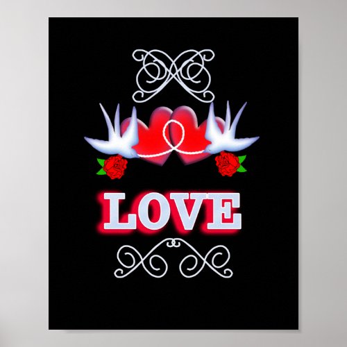 Romantic Love Tattoo Style Swallows Hearts Roses Poster