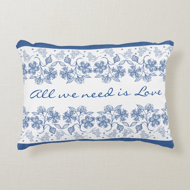 Romantic Love Text Indigo Blue Floral Border Decorative Pillow (Front)