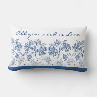 Romantic Love Text Indigo Blue Floral Border Lumbar Pillow