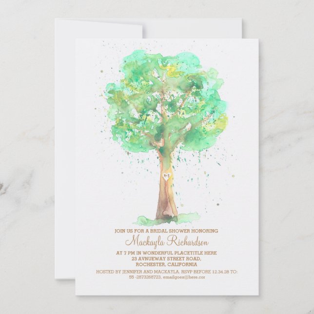 Romantic Love Tree Watercolor Bridal Shower Invitation (Front)
