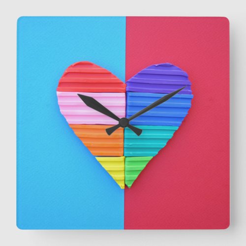 Romantic Love Twin Rainbow Hearts Square Wall Clock
