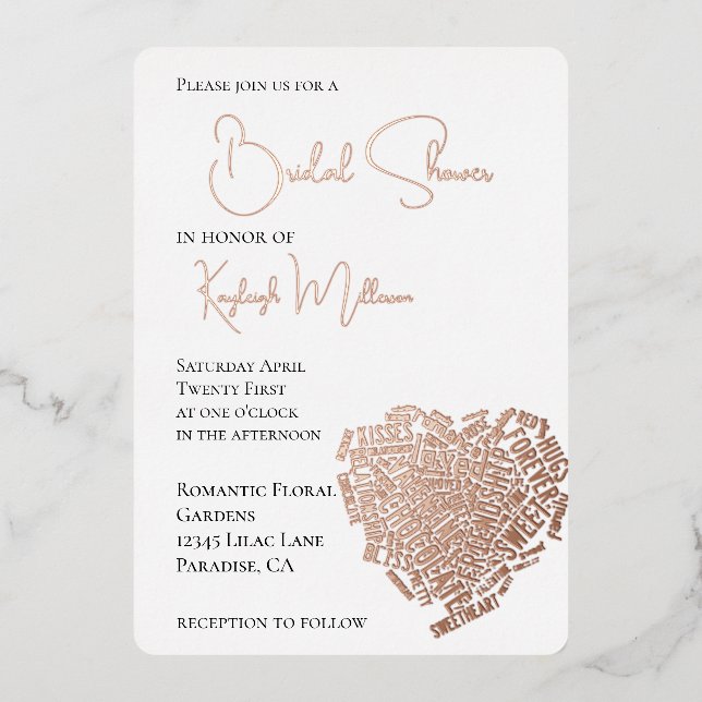 Romantic Love Words Heart Bridal Shower Foil Invitation (Front)