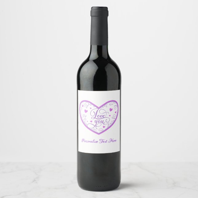 Romantic Love You Lavender Heart Personalized Wine Label (Front)