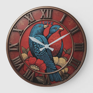 Romantic Lovebirds Red Floral Vintage Bird Large Clock