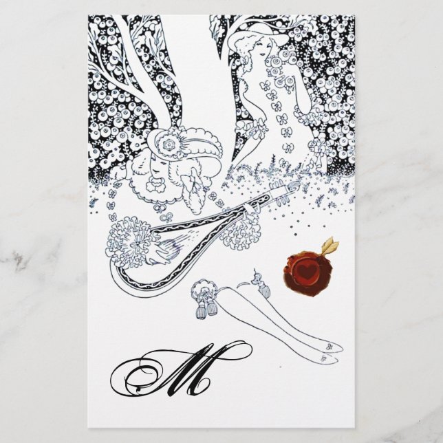 ROMANTIC LOVERS Black White Red Wax Seal Monogram Stationery (Front)