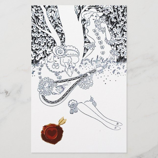 ROMANTIC LOVERS IN NATURE Black White Red Wax Seal Stationery (Front)