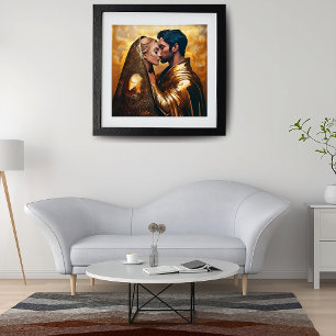 Romantic Lovers Kissing in Golden Background ❤️ Poster