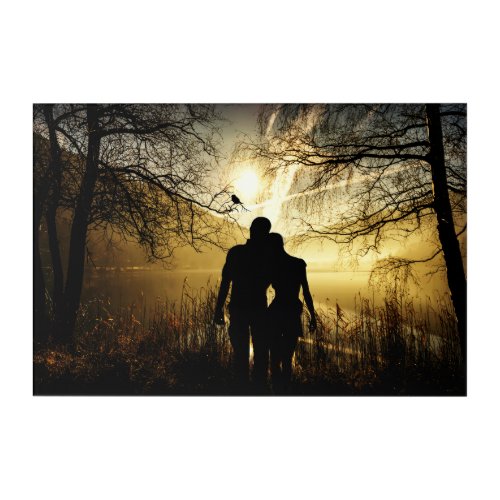 Romantic Lovers Silhouette at Sunset Acrylic Print