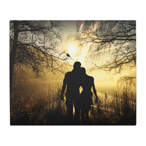 Romantic Lovers Silhouette at Sunset Metal Print