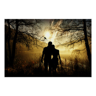 Romantic Lovers Silhouette at Sunset Poster