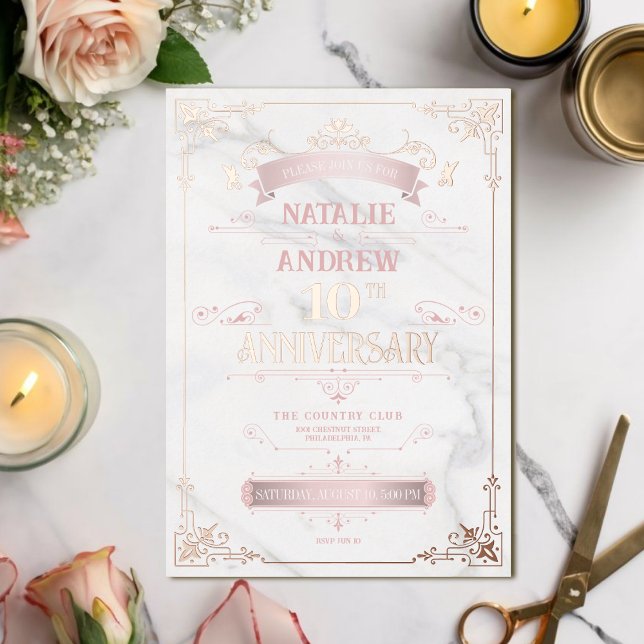 Romantic Luxe Rose Gold Marble Foil Anniversary Foil Invitation (Creator Uploaded)