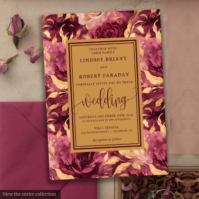 Romantic Luxury Deep Red Gold Floral Wedding  Invitation (Romantic Luxury Deep Red Gold Floral Wedding Invitation)