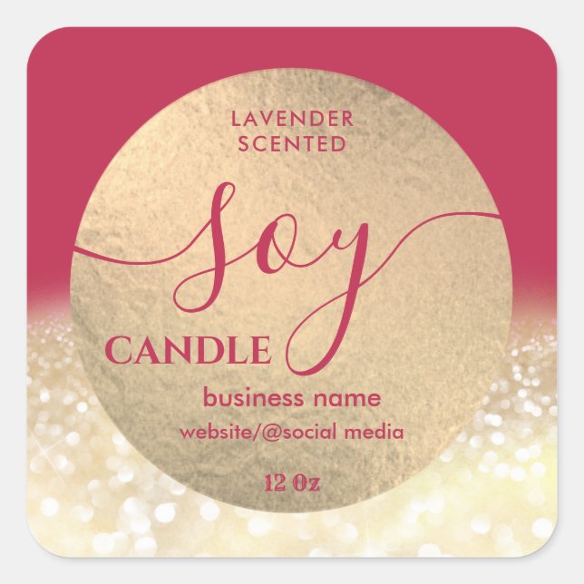 Romantic luxury script soy candle viva magenta square sticker (Front)