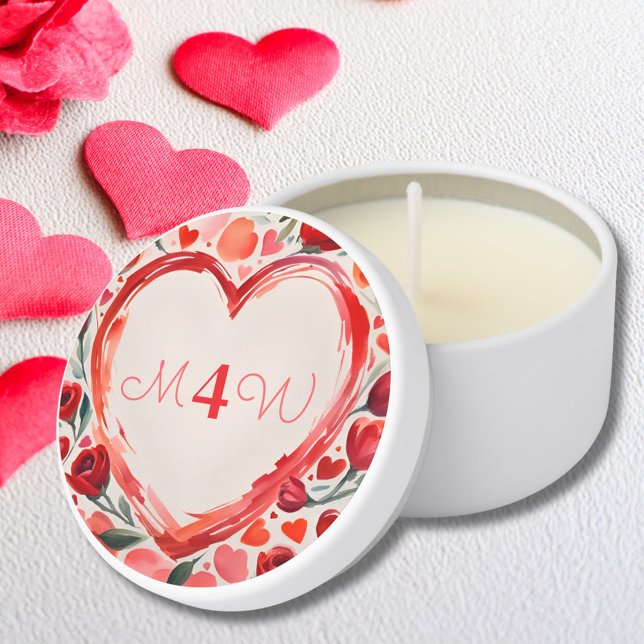 Romantic "M 4 W" Any Monogram Red Heart Bohemian Mini Candle Favors (Creator Uploaded)