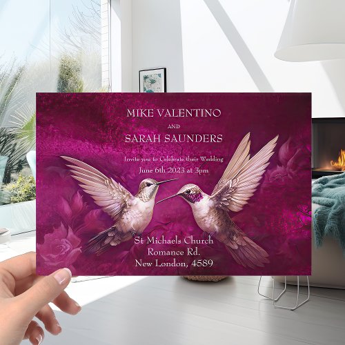 Romantic Magenta and White Hummingbirds Wedding Invitation