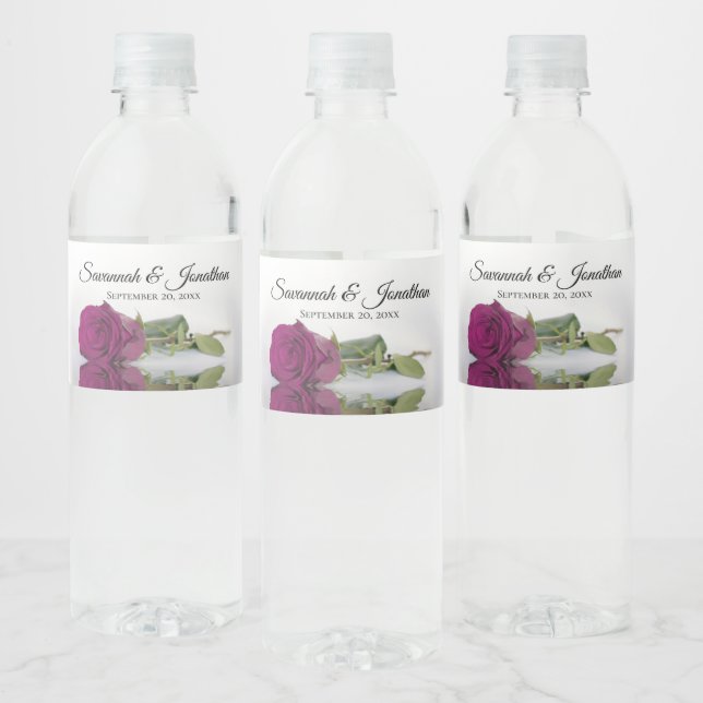 Romantic Magenta Berry Rose Elegant Wedding Water Bottle Label (Bottles)