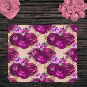 Romantic Magenta Roses and Gold Leaves on Peach Mouse Pad