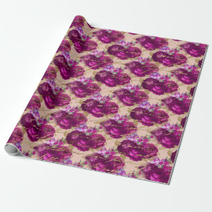 Romantic Magenta Roses with Gold Writing on Peach Wrapping Paper