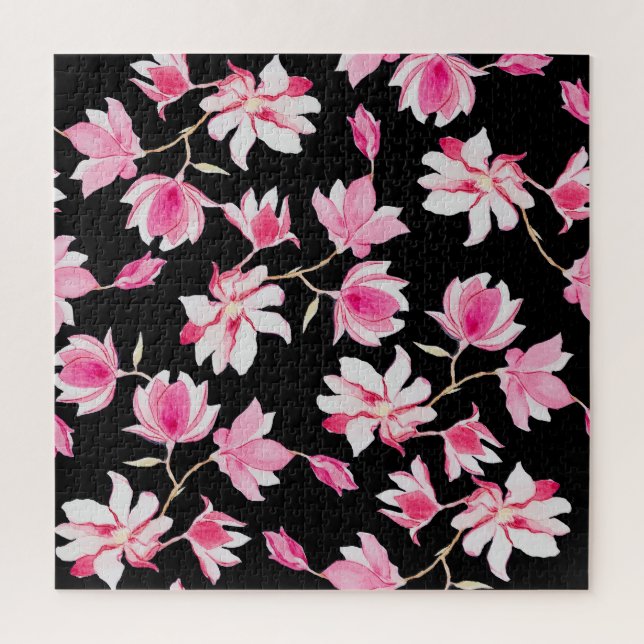 Romantic Magnolia: Black Watercolor Jigsaw Puzzle (Vertical)
