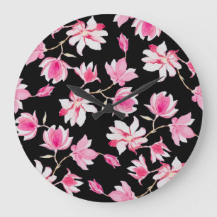 Romantic Magnolia: Black Watercolor Large Clock