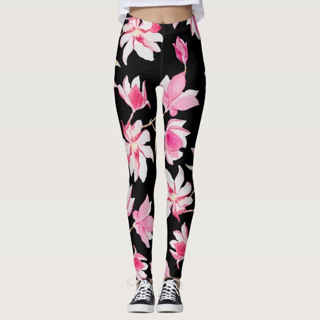 Romantic Magnolia: Black Watercolor Leggings (Front)