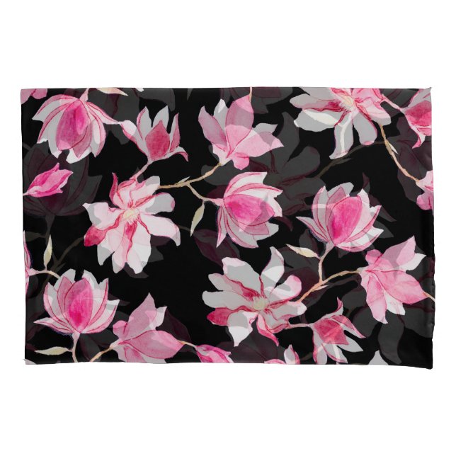 Romantic Magnolia: Black Watercolor Pillow Case (Front)