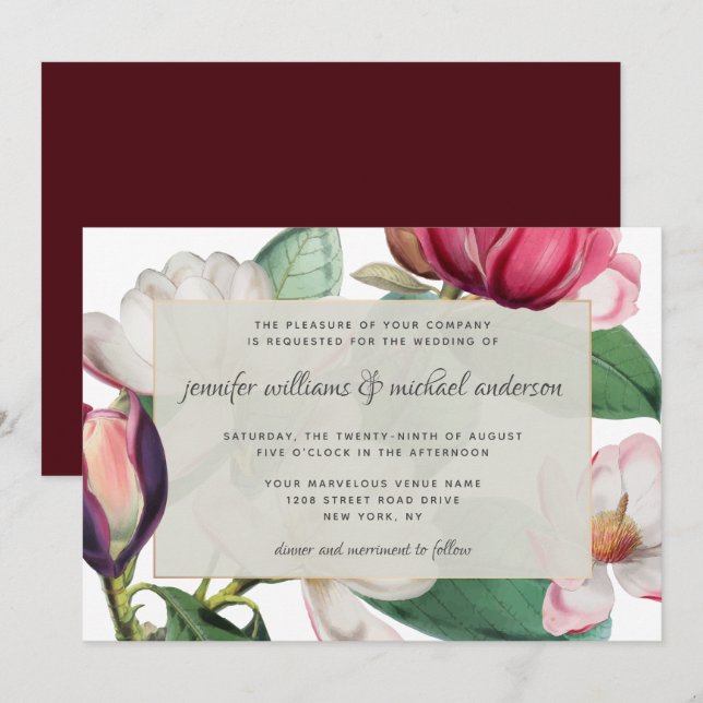 Romantic Magnolia Blossoms Elegant Floral Invitation (Front/Back)