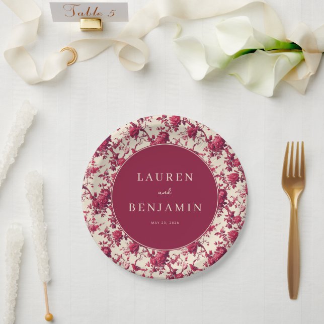 Romantic Maroon Floral Paper Plates (Wedding)