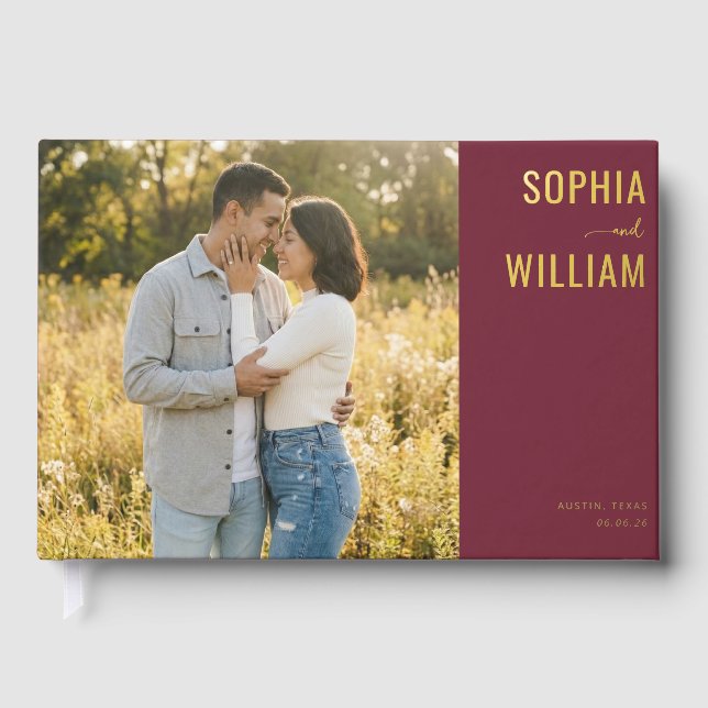 Romantic Maroon Modern Photo Foil Guest Book (Front)