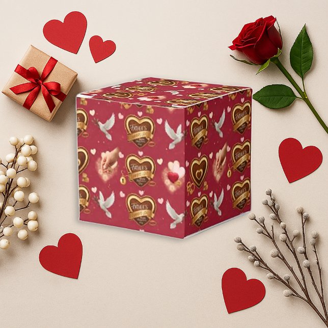 Romantic Maroon Pattern Doves Hearts Emblem Favor Boxes (Creator Uploaded)
