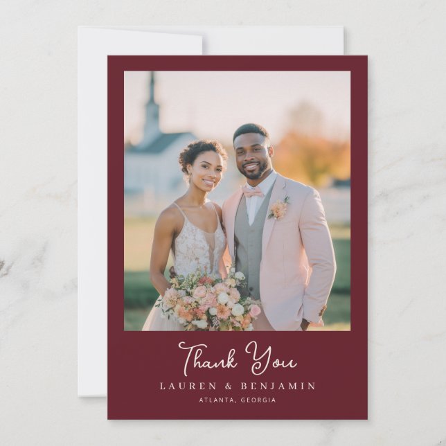 Romantic Maroon Wedding Photo Thank You Card (Front)