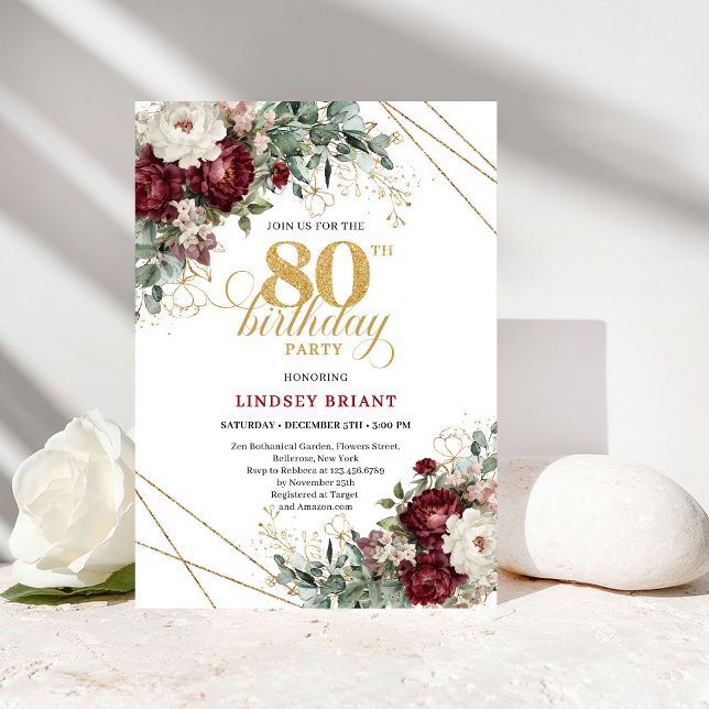 Romantic Marsala Eucalyptus 80th Birthday Invitation (Romantic Marsala Eucalyptus 80th Birthday)