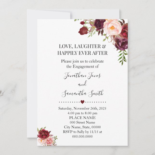 Romantic Marsala flor boho chic engagement Invitation (Front)