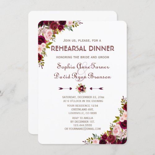 Romantic Marsala Floral Fall Rehearsal Dinner Invitation