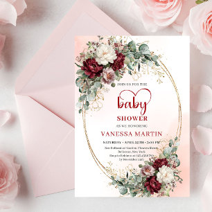 Romantic Marsala Flowers Heart-Shaped Font Baby Invitation