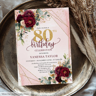 Romantic Marsala White Gold Flowers 80th Birthday Invitation