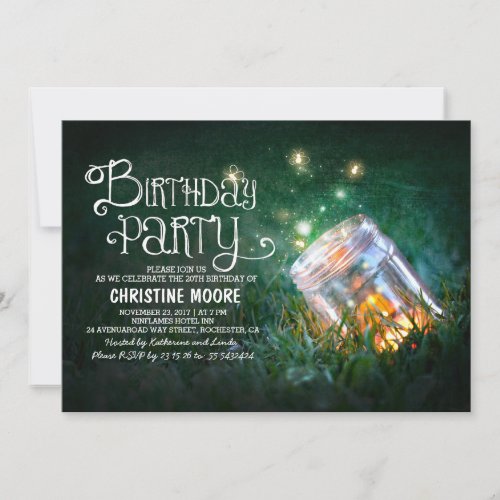 Romantic mason jar fireflies birthday party invite