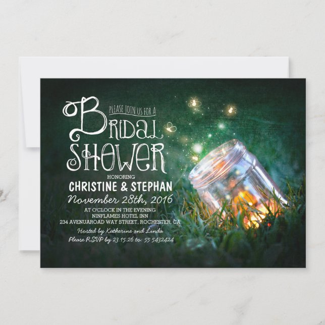 Romantic mason jar & fireflies bridal shower invitation (Front)
