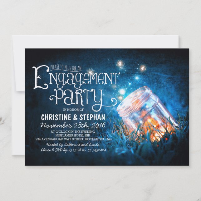 Romantic mason jar & fireflies engagement party invitation (Front)