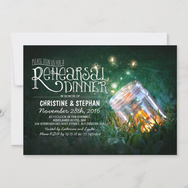 Romantic mason jar & fireflies rehearsal dinner invitation (Front)