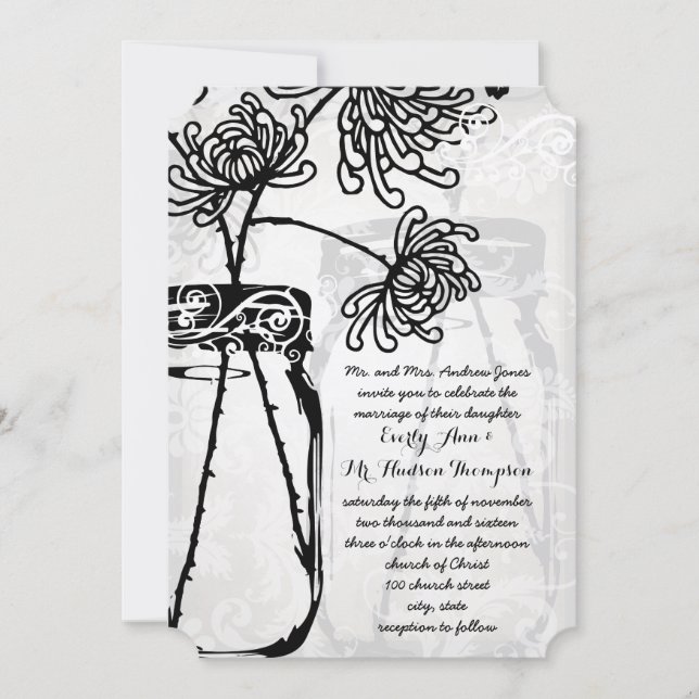 Romantic Mason Jar Shadows Damask Wedding Invitation (Front)