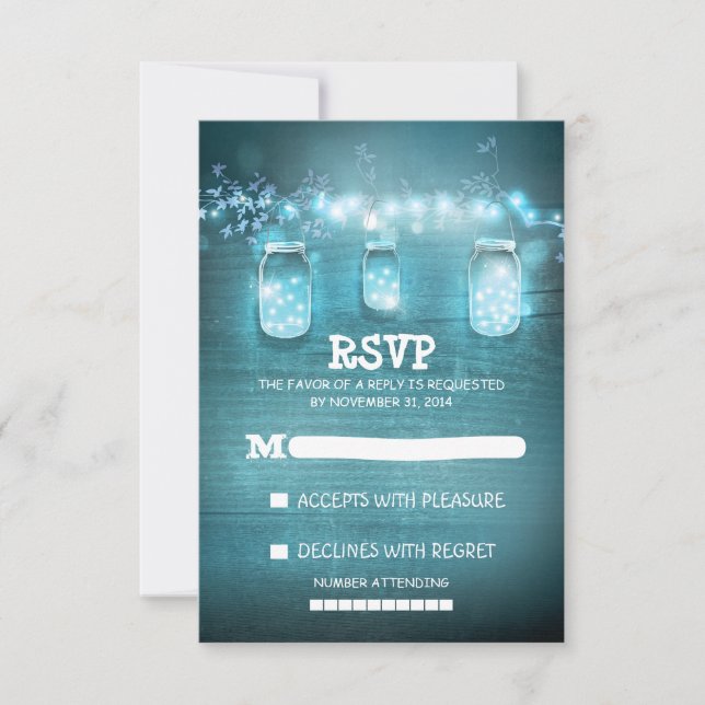 romantic mason jar string lights wedding RSVP card (Front)