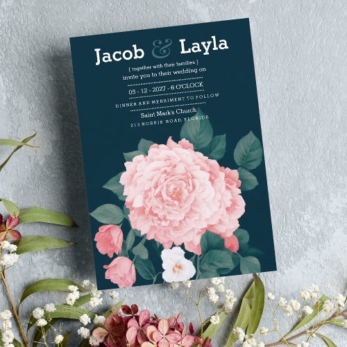 Romantic mauve blue pink rose floral wedding invitation