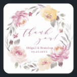Romantic mauve floral thank you wedding square sticker<br><div class="desc">Romantic watercolor floral in mauve,  dusty pink,  coral and yellow,  with trendy thank you script,  elegant and romantic,  great for modern wedding,  romantic wedding,  and botanical garden wedding in spring,  summer and fall.
See all the matching pieces in collection.</div>