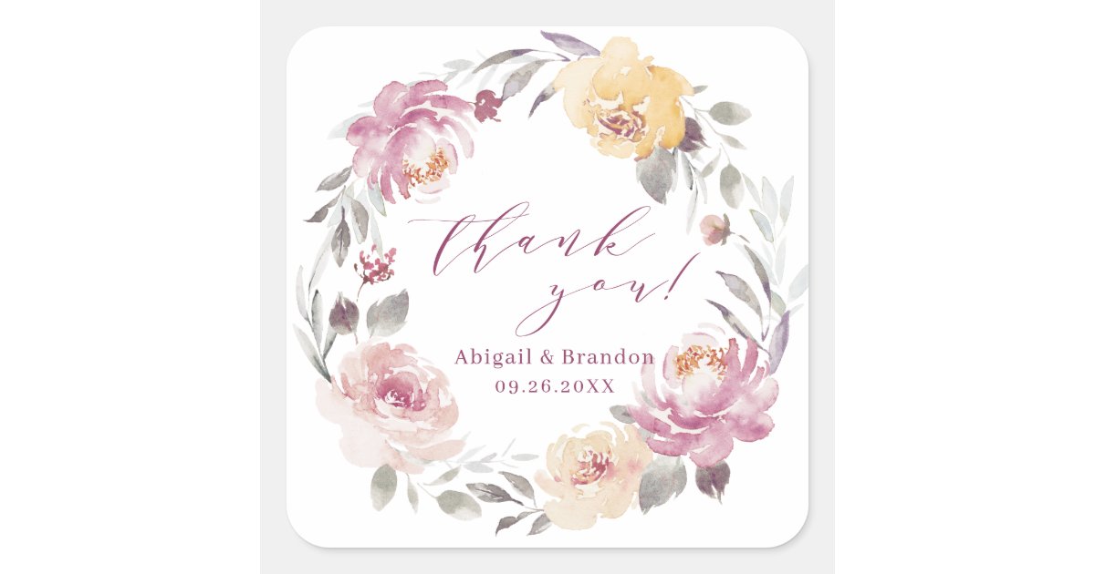Romantic mauve floral thank you wedding square sticker | Zazzle