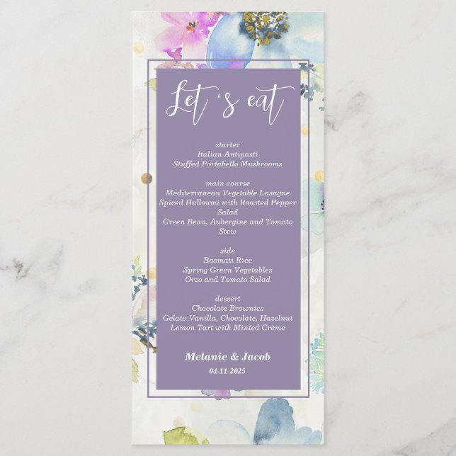 Romantic Mauve Purple  Floral Wedding Menu (Front)